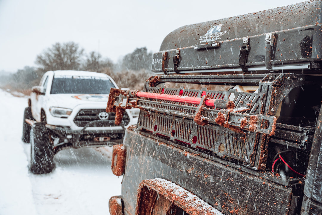 Close up of molle plates mouted to overland bed rack